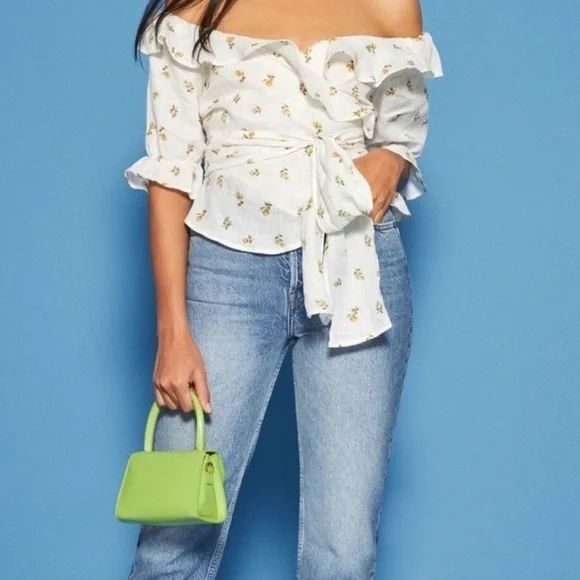 Reformation Wolfgang Off The Shoulder Linen Wrap Top with Yellow Roses - Picture 3 of 7